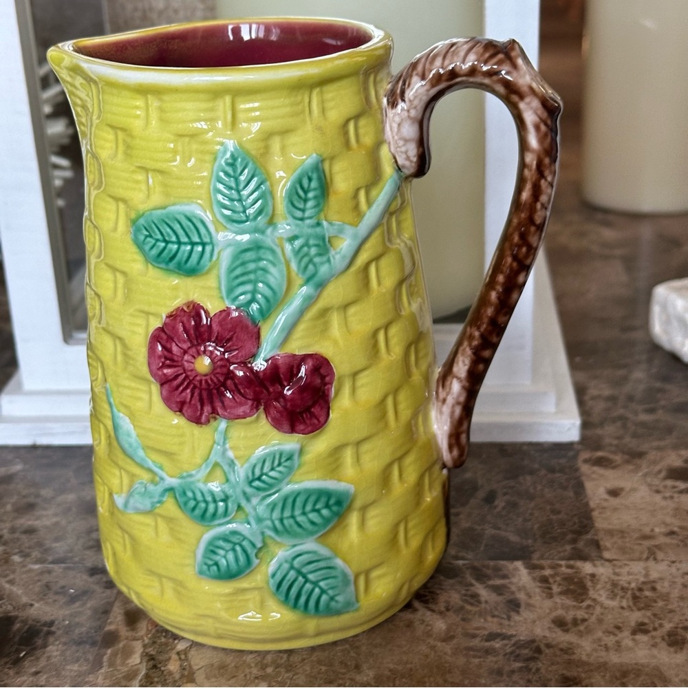 Two’s Company Decorative Ceramic Pitcher Yellow Basket Weave Design